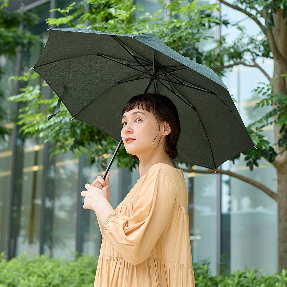 葉模様のジャガード折りたたみ日傘